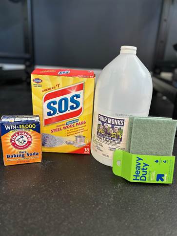 Steel wool pads Baking soda Scour pad Protective gloves Vinegar Plastic container